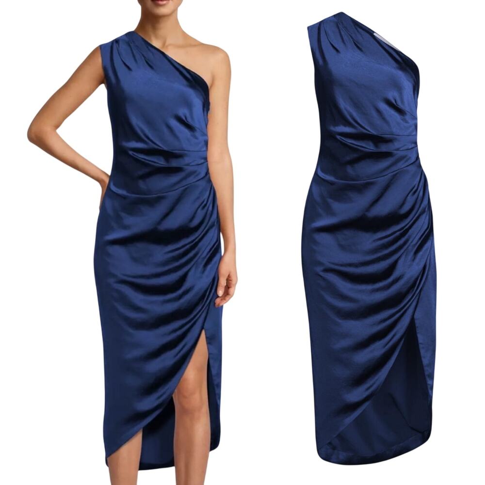 Elliatt Cassini One Shoulder Cocktail Dress Midi Draped Blue NEW Womens XL